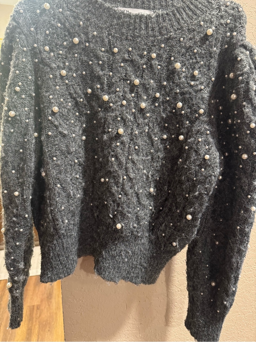 Zara Charcoal Pearl-Embellished Crewneck Sweater
